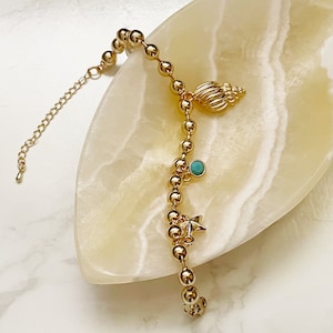 Conch, Starfish, Pearl Charm Bracelet, Beach Bracelet, Summer Bracelet, Stacking Bracelet, Gold Charm Bracelet