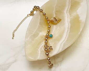 Muschel, Seestern, Perle Bettelarmband, Strand Armband, Sommer Armband, Stapel Armband, Gold Bettelarmband