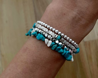 Bracelet en pierre tourquoise colorée, bracelet en argent sur hamatite, bracelet pile, bracelet hématite