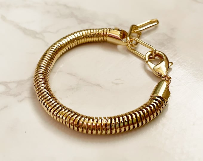Gold Coil Bracelet, Soft Coil Chain Bracelet, Heavy Snake Bracelet, Adjustable Heavy Bracelet