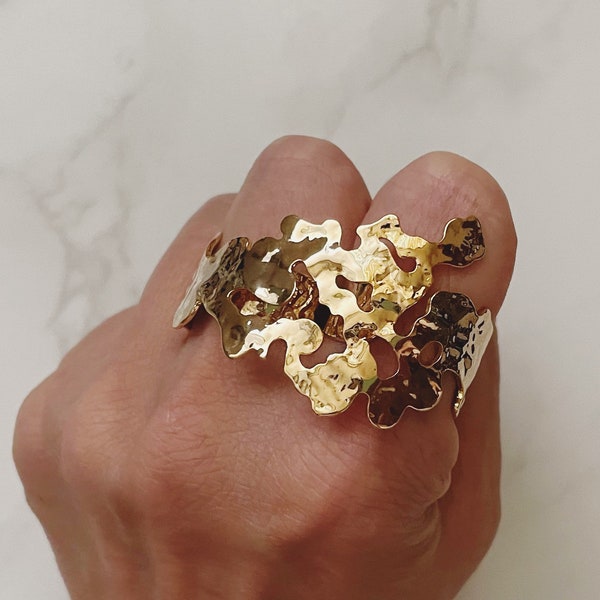 Double Rough Hammered Gold Rings, Bold Double Finger Rings,  Two Finger Ring, Minimalist Gold Rings