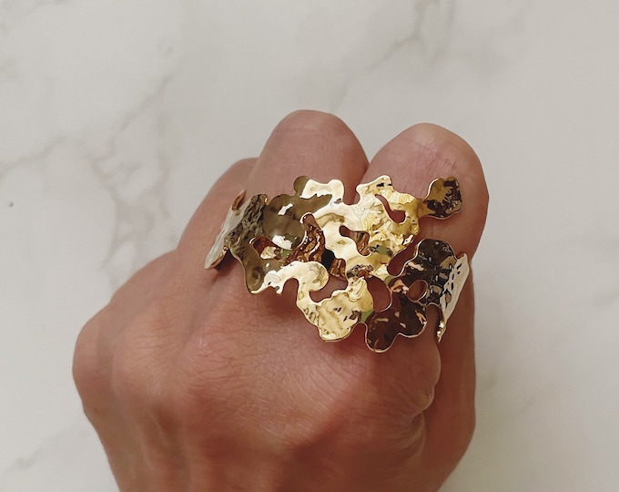 Double Rough Hammered Gold Rings, Bold Double Finger Rings,  Two Finger Ring, Minimalist Gold Rings