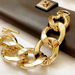 Bold Flat Gold Big Chain Bracelet, Super Bold Party Bracelet, Gold Link Bracelet, Luxurious Bracelet, Heavy Chunky Bracelet