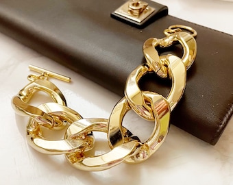 Bold Flat Gold Big Chain Bracelet, Super Bold Party Bracelet, Gold Link Bracelet, Luxurious Bracelet, Heavy Chunky Bracelet