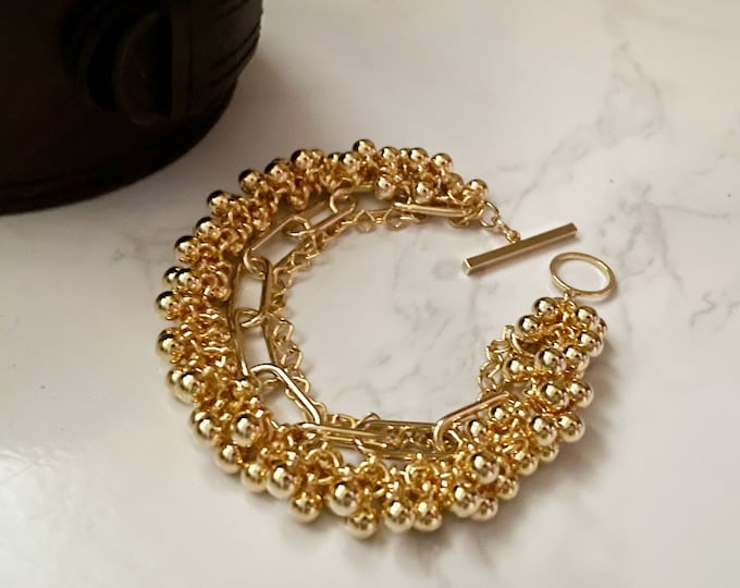 Triple-layered Gold Chain Bracelet, Stacked Bracelet, Gold Beads Bracelet, Chuky Bracelet, Gold Layering Bracelet, bold Bracelet,