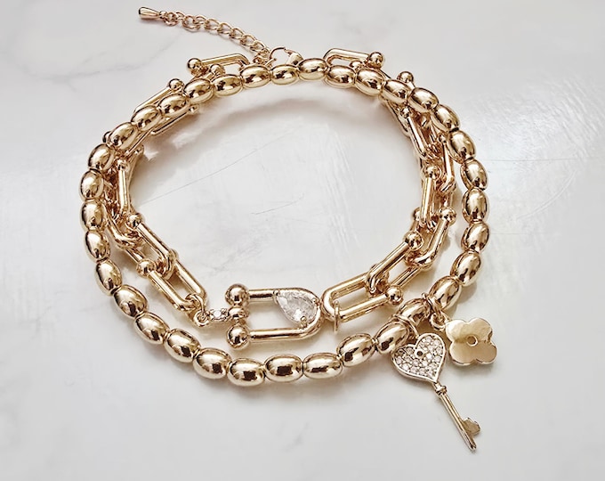 Mini Retro Gold Chain Bracelet w/Crystal, Gold Bracelet, Chain Bracelet, Everyday Bracelet, Gold Layering Bracelet, Minimalist Bracelet,