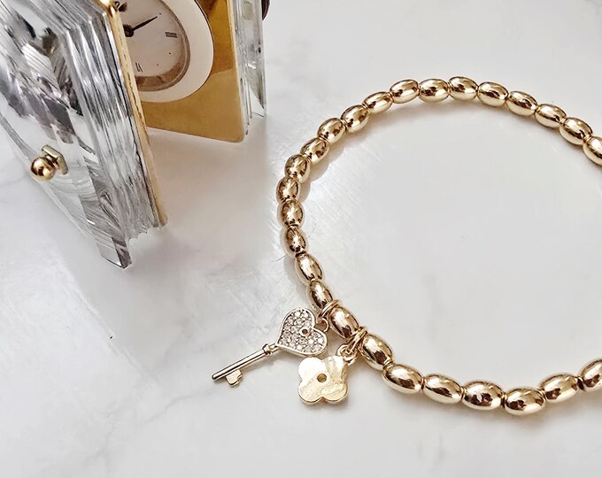 Thin Elastic Rice Beads Gold Bracelet, Gold Beads Bracelet, Layered Gold Bracelet, Minimalist Bracelet
