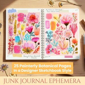 Måleriska botaniska skissbokssidor, provblock och blommigt collagepapper, vildblommiga efemerabilder, blandad teknik skräpjournal