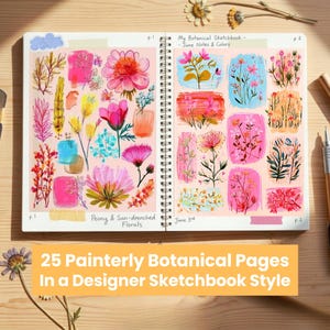 Måleriska botaniska skissbokssidor, provblock och blommigt collagepapper, vildblommiga efemerabilder, blandad teknik skräpjournal