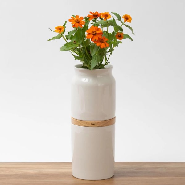 White Ceramic Pet Urn Vase with Light Wood Accent