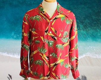 Vintage Long Sleeve Hawaiian Shirt , Men's Cold Rayon 40s Bamboo Aloha Shirt M