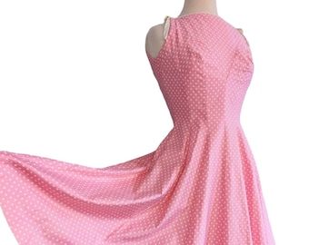 Vintage 40s 50s Pink Dot Dress with Tie Sleeves SM