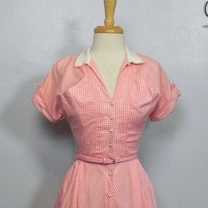 Vintage 40s 50s Pink Gingham Dress / So Cute Two Tone Dress with Pockets and Belt SM image 10
