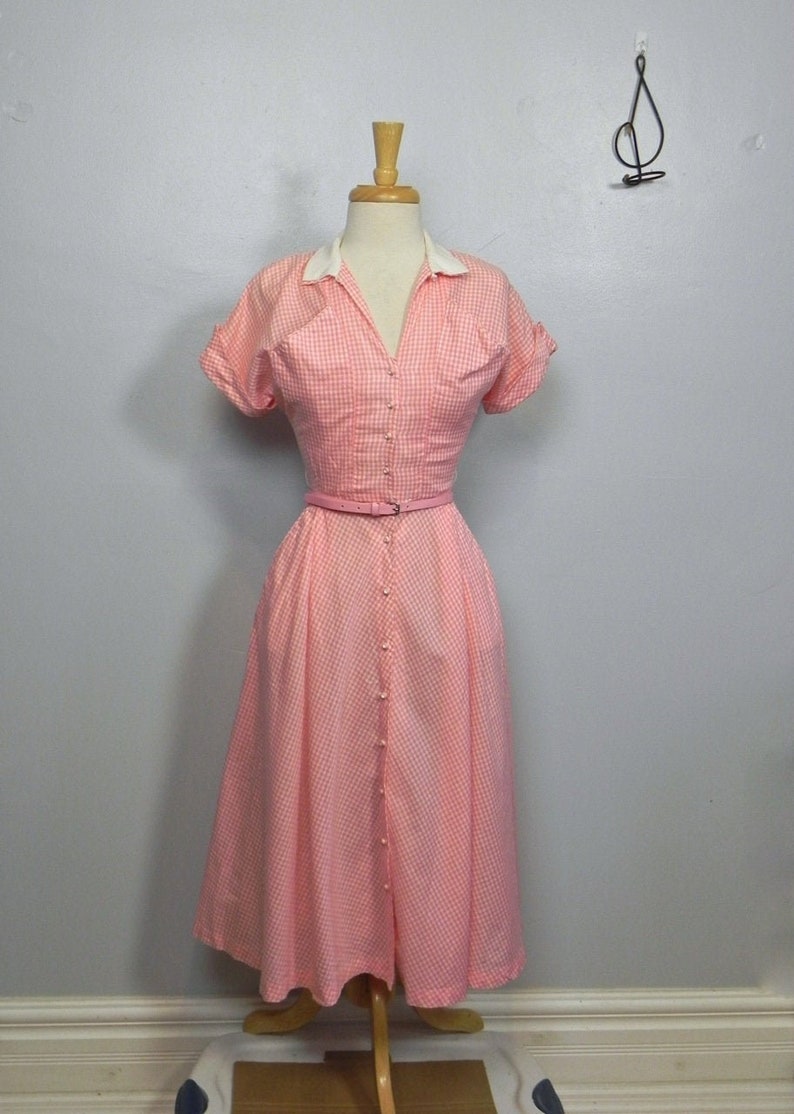 Vintage 40s 50s Pink Gingham Dress / So Cute Two Tone Dress with Pockets and Belt SM image 10