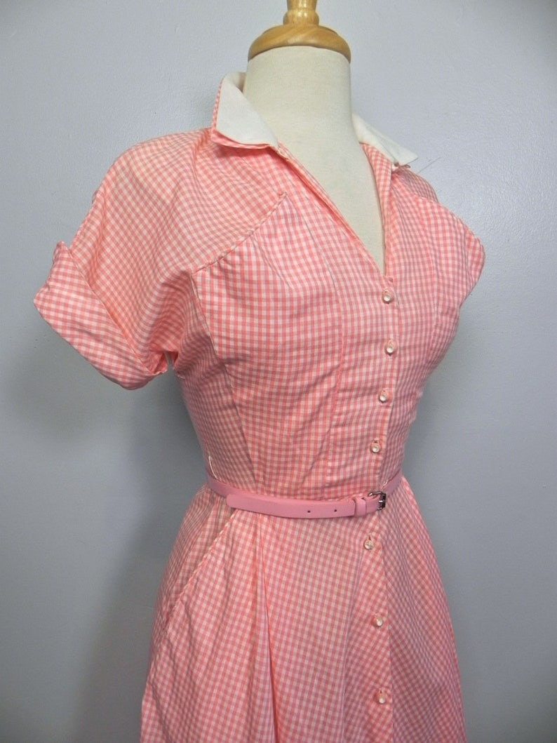 Vintage 40s 50s Pink Gingham Dress / So Cute Two Tone Dress with Pockets and Belt SM image 7