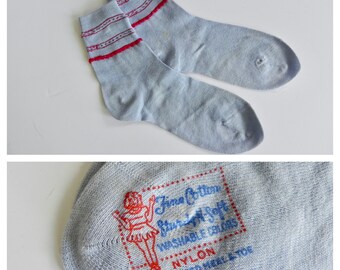 Vintage 50s Blue and Red Kids Socks,  Dead Stock Cuffed Anklets