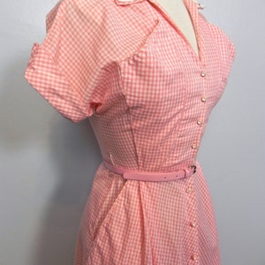 Vintage 40s 50s Pink Gingham Dress / So Cute Two Tone Dress with Pockets and Belt SM image 2