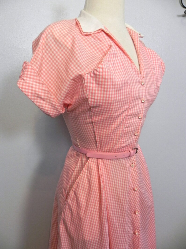 Vintage 40s 50s Pink Gingham Dress / So Cute Two Tone Dress with Pockets and Belt SM image 2