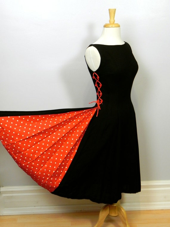 Vintage 1950s Black with Red Dot Panel Skirt Cha Cha Dress / Seriously Fabulous 50s Rockabilly dress with Lace-up Sides SM