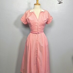 Vintage 40s 50s Pink Gingham Dress / So Cute Two Tone Dress with Pockets and Belt SM image 1