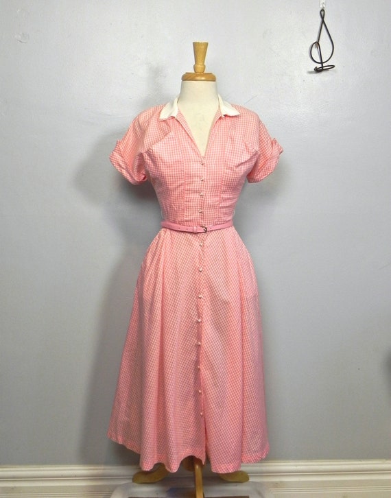Vintage 40s 50s Pink Gingham Dress / So Cute Two … - image 1