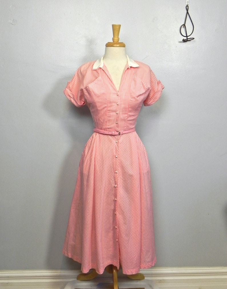 Vintage 40s 50s Pink Gingham Dress / So Cute Two Tone Dress with Pockets and Belt SM image 1