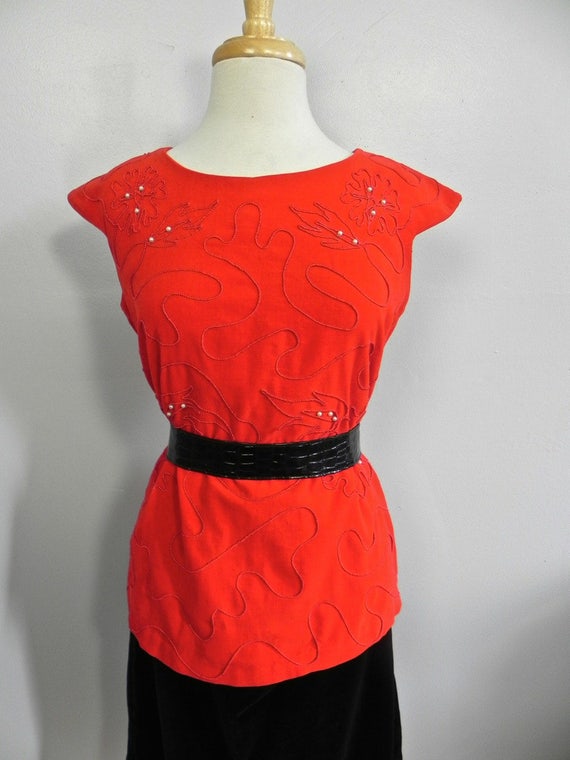 Vintage 1950s Maternity Set ,  Red Velvet Top sou… - image 1