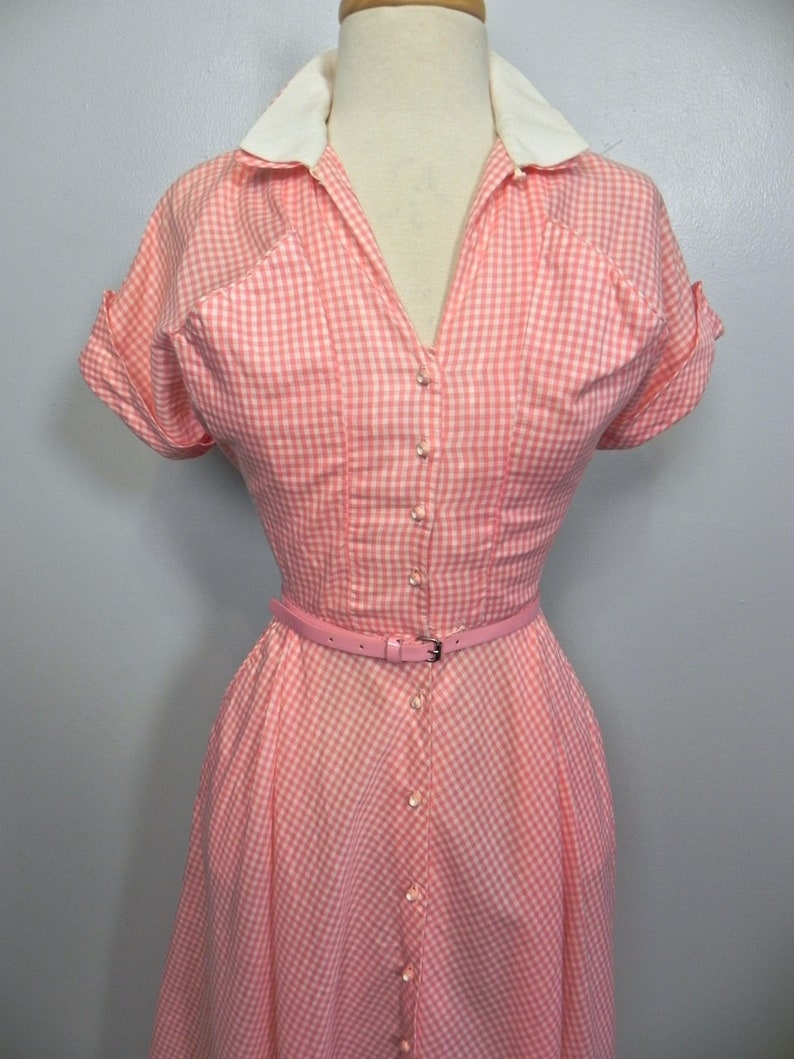 Vintage 40s 50s Pink Gingham Dress / So Cute Two Tone Dress with Pockets and Belt SM image 6