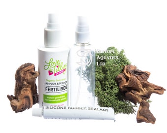 Air Plant ULTIMATE CARE KIT - Tillandsia fertiliser, spray bottle, fixative glue, wood & artificial reindeer moss for airplant No Soil