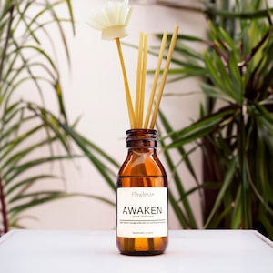 Può includere: Un flacone di vetro marrone con un'etichetta bianca che recita "Flawless* AWAKEN reed diffuser" e un fiore bianco in cima. Il flacone è riempito con un liquido trasparente e ha bastoncini di legno che sporgono.