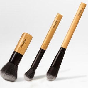 Vegan make-up brush trio. Sustainable bamboo, synthetic and cruelty free make-up brush set. Foundation, powder, highlight. &#39;Fresh&#39; set.