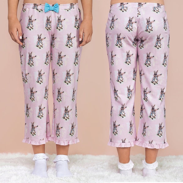 Pink Rabbit Pyjama Pants, Cute Bunny 3/4 Pants, Women's Pajamas, Sleepwear, Loungewear, Cotton Pyjamas, Bottoms, Trousers, Gifts for Women