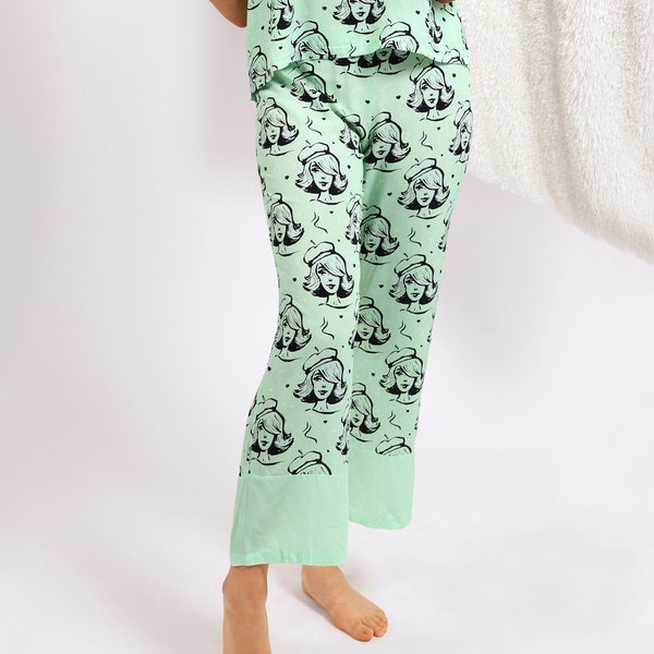 Oh La La Pyjama Pants, Green Pajamas, Girl's Jammies, Women's Sleepwear, Gift for Her, Loungewear, Australian Fashion Brand, French, Beret