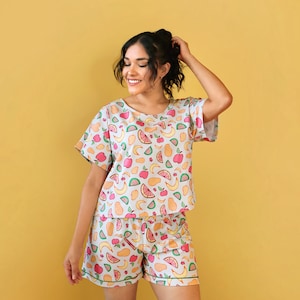 Fruit PJ Shorts, Loungewear, Colourful Fruits Pyjamas for Women, Nightwear, Sleepwear, Women's Pyjama Bottoms, Gifts for Her, Cotton Shorts image 1