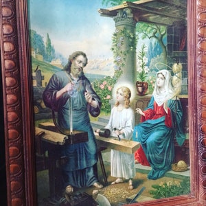 Chromolithographie frühes zwanzigstel. Religiöses Chromo. Josef, Jesus und Maria. Altfranzösisch Bild 1