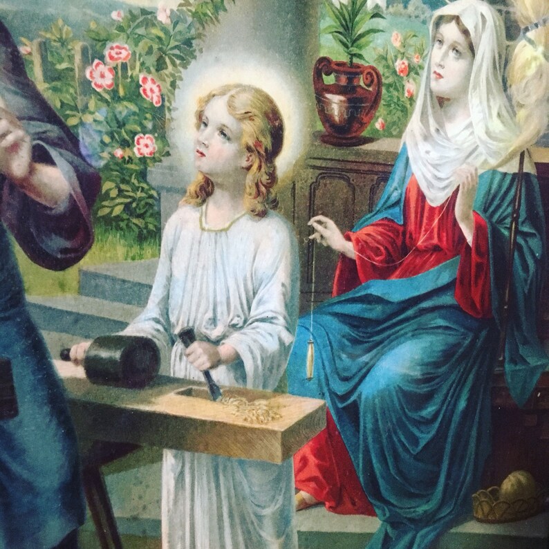 Chromolithographie frühes zwanzigstel. Religiöses Chromo. Josef, Jesus und Maria. Altfranzösisch Bild 5