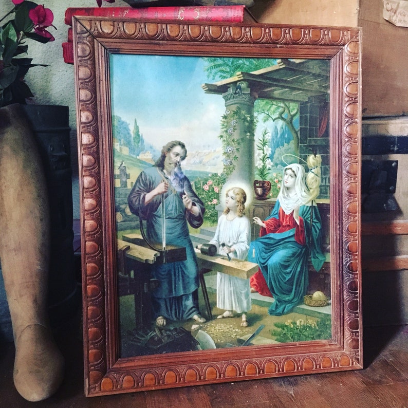 Chromolithographie frühes zwanzigstel. Religiöses Chromo. Josef, Jesus und Maria. Altfranzösisch Bild 2