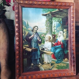 Chromolithographie frühes zwanzigstel. Religiöses Chromo. Josef, Jesus und Maria. Altfranzösisch Bild 3