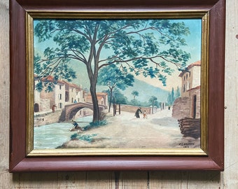 Ölgemälde. Dorfszene gemalt von P. Lamorre. 1914