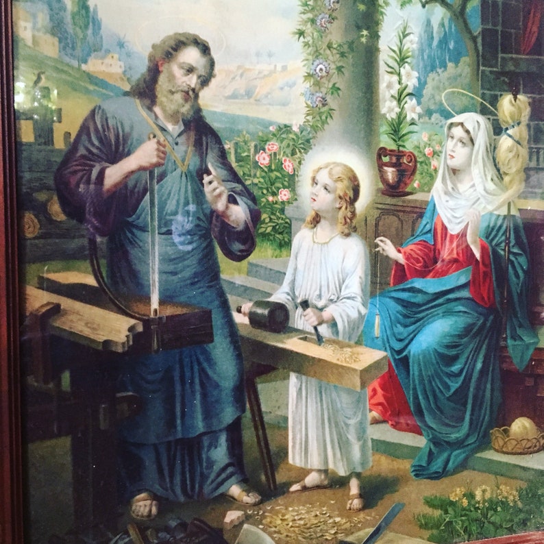 Chromolithographie frühes zwanzigstel. Religiöses Chromo. Josef, Jesus und Maria. Altfranzösisch Bild 4