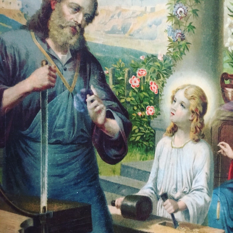 Chromolithographie frühes zwanzigstel. Religiöses Chromo. Josef, Jesus und Maria. Altfranzösisch Bild 6