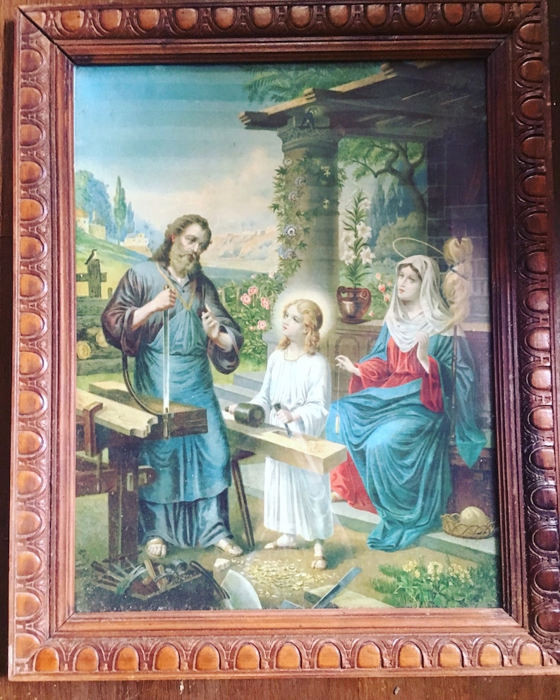 Chromolithographie frühes zwanzigstel. Religiöses Chromo. Josef, Jesus und Maria. Altfranzösisch Bild 7