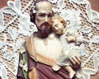 Heiliger Josef und Jesuskind. Religiöse Statue aus Gips. Antiker Franzose. Religiöser Franzose. Vintage
