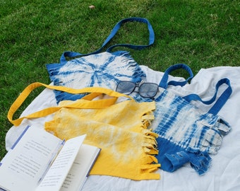 Indigo Tie Dye Tote Bag, Handmade, Shoulder Bag, messenger bag, Canvas Tote Bag, Blue,  Yellow, Eco Bag, plant dye, Crossbody bag