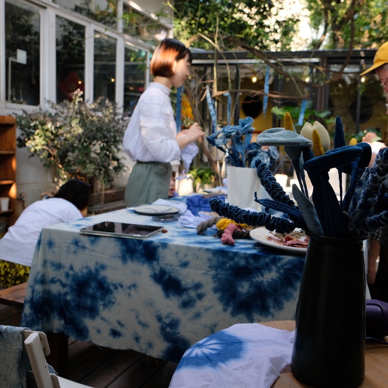 Indigo tie dye tablecloth, natural dyed dining tablecloth, bohemian throw, wall hanging, boho, indigo blue, Chinese, Japanese style image 3