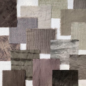 May include: A collection of fabric swatches in various shades of brown, gray, and beige. The swatches have different textures, including smooth, textured, and patterned designs. Some have frayed edges, and the arrangement is on a white background.