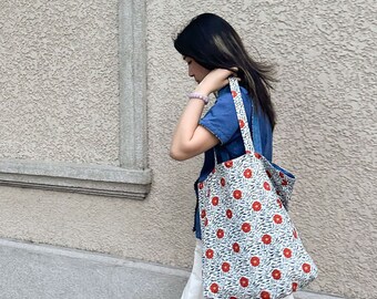 Two sided Tote Bag, Indigo dye linen, Oriental pattern, double side use, Handmade, Shoulder Bag, Shopping Bag, Canvas Tote Bag, Large bag