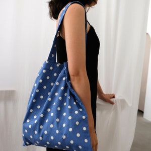 Sac fourre-tout à pois bleu, sac à bandoulière, Vintage, rétro, sac à provisions, sac en toile, bleu et blanc, sac éco