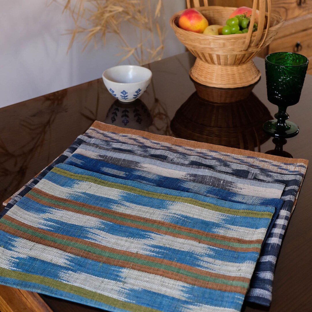 Handwoven Linen Placemat: Indigo Chinese Pattern, Japanese Style