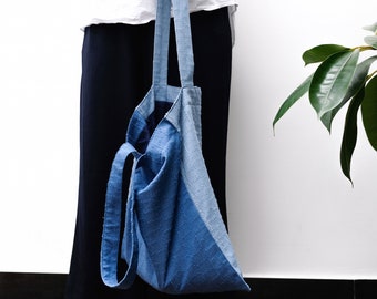 Indigo Two-Tone Ripped Denim Tote Bag, Shoulder Bag, Vintage, Retro, Navy, Shopper Bag, Canvas Tote Bag, Blue White, Eco Bag, Ripped Jeans